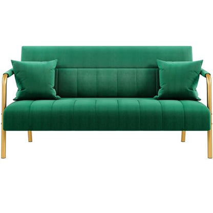Yaheetech 56.5" Smal Sofa 2 Seater Couch with Gold-Tone Legs, Green | Small Sofa Loveseat Velve 2 Seater Couch with Tufted Back Gold Metal Frame 2 Pillows for Office, Studio,Living Room - color: Green, size: 56.5" W