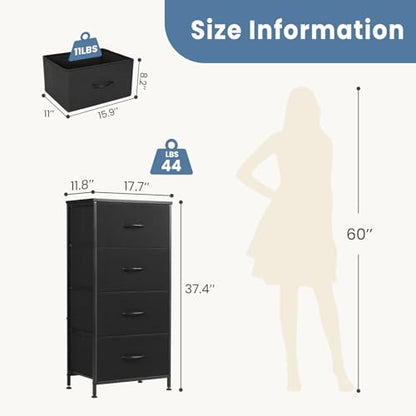 DUMOS Nightstand, Bedside Table with 4 Fabric Drawers | Night Stand with Removable Bins, Steel Frame Wood Top, Small Dresser for Bedroom Closet - color: Black, size: 11.8"D x 17.7"W x 37.4"H (4 Drawers)
