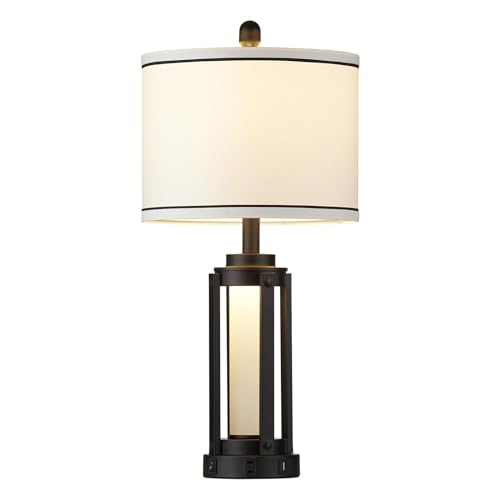 Industrial Table Lamps Set of 2, Modern Beside Lamp with USB A+C Charging Ports & AC Outlet, Rustic Nightstand Lamp with LED Night Light for Living Room Bedroom End Table Entryway Black Bulbs Included - color: Black-4