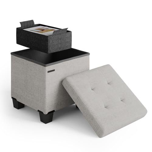 Storage Ottoman Cube with Small Bin, 15-in Square Ottoman with Storage for Living Room and Bedroom, Small Ottomans Foot Rest, Fabric Foot Stools Ottomans Max 330lbs, Light Grey - color: 01 - Light Grey