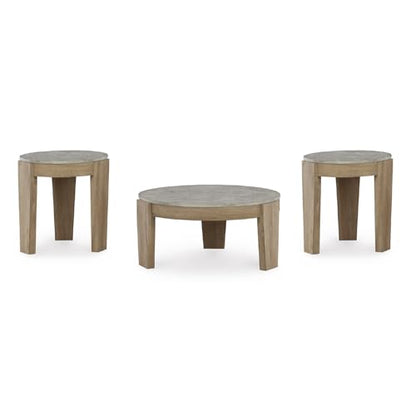 Signature Design by Ashley Coffee Table Set of 3, Round, with End Tables | 3-piece coffee and end table sets with faux cement tops and wood grain finish frames, Casual style, Guystone Series