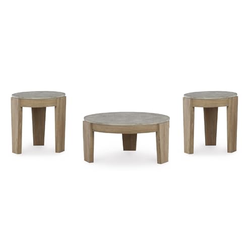 Signature Design by Ashley Coffee Table Set of 3, Round, with End Tables | 3-piece coffee and end table sets with faux cement tops and wood grain finish frames, Casual style, Guystone Series
