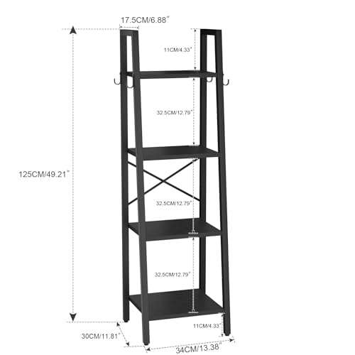 YMYNY 4 Tiers Ladder Bookcase, Industrial Narrow Bookshelf, Open Display Rack with 4 S Hooks, Metal Storage Shelves for Bedroom, Home Office, Living Room, Black, 49.2H*13.4L*11.8W, UHBC024B - color: Black, size: 4 Tiers