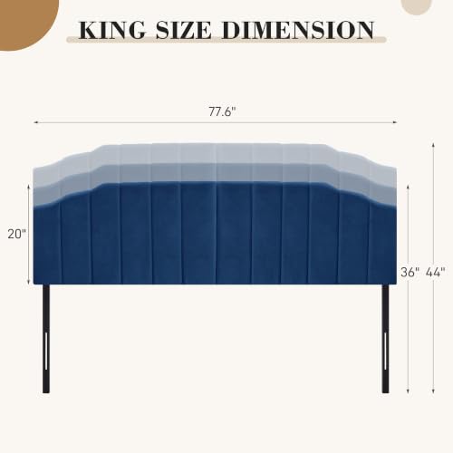 Upholstered Headboard Adjustable Height Queen/King Headboard Cream Velvet Tufted Modern Vertical Channel Design with Stepped Silhouette Top Edge(Blue King) - color: Blue, size: King