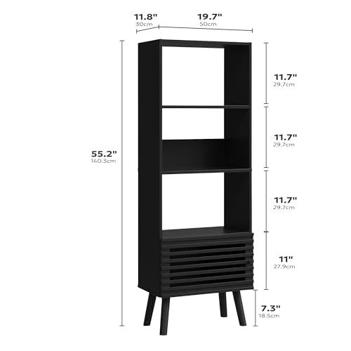 Furnify 4-Tier Narrow Bookcase with Open Shelf and Slatted Door, Black | 55" H Corner Bookcase with 4 Cubes, Mid Century Modern Wood Bookshelf, Display Storage Cabinet for Living Room Home Office - color: Black, size: 55" H