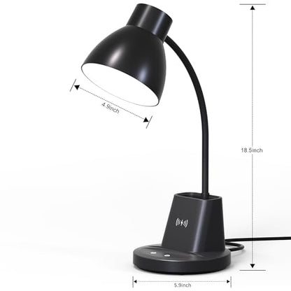 10W Wireless Charging LED Desk Lamp with Pen Holder, CRI 95, Black | 800LM, 3 Modes, 360°Flexible Arm, Touch, Brightness, Table Lamp for Home Office, Dorm, Bedside, Study, Reading, with Adapter - color: Black