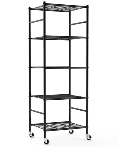 Sakugi 5-Tier Storage Shelves 18.1x12.6x58.7 Black with Wheels | Kitchen, Closet, Pantry, Garage, Heavy Duty, Adjustable Feet, Metal Construction - color: Black, size: 18.1W x 12.6D x 58.7H(5T)