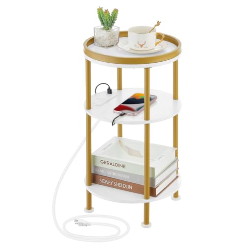 Small Round End Table with Charging Station, 3-Tier Accent Couch Beside Table with USB Ports & Power Outlets, Sofa Side Table for Living Room Small Nightstand Bedroom (USB Charger, White+Gold) | 3-Tier Accent Couch Beside Table with USB Ports & Power Outl