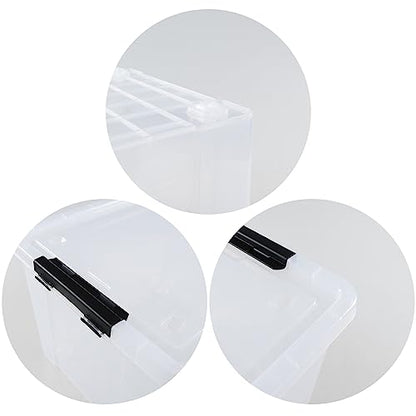 4-Pack 50 L Clear Plastic Storage Bin, Large Latch Box with Wheels | Heavy-duty plastic, bottom rolling wheels, large capacity storage box, suitable for closet, garage and attic storage - size: 50 L