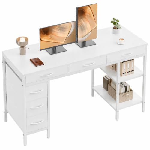 Simple Deluxe Computer Desk with 6 Drawers, 55 Inch Office Workstation with Storage Shelves, Reversible Corner Gaming Table, Home Office Study Desk with Fabric Organizer, White - color: White, size: 55 * 18 inch