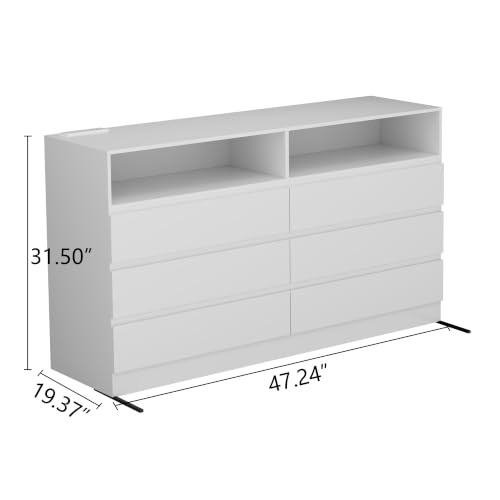 Gyfimoie White 6-Drawer Dresser for Bedroom w/Power Outlet and LED Light | Modern Double Dresser with 2 Open Cubbies, Spacious Chest of Drawers, and TV Stand Function for Living Room - color: White, size: 19.4"D x 47.3"W x 31.2"H (6 Drawers)