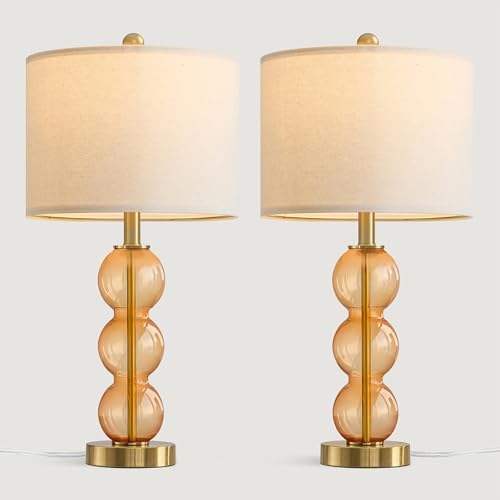 25" Amber Glass Table Lamps for Living Room, Glass Modern Table Lamp Set of 2, USB Charging Ports, Linen Shade, Bedside Lamps for Bedroom, Nightstand, Side Table (Bulbs not Included) - color: Amber