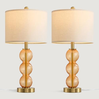 25" Amber Glass Table Lamps for Living Room, Glass Modern Table Lamp Set of 2, USB Charging Ports, Linen Shade, Bedside Lamps for Bedroom, Nightstand, Side Table (Bulbs not Included) - color: Amber