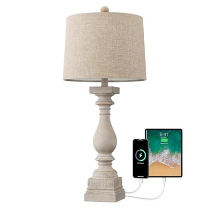 BOBOMOMO Retro 27" USB Charging Ports A/C Wash-White Farmhouse Lamps for Bedrooms Side Table Lamps Bedside Lamp for Nightstand Living Room 1 Pack (Blubs not Included) - color: Off-White