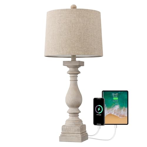 BOBOMOMO Retro 27" USB Charging Ports A/C Wash-White Farmhouse Lamps for Bedrooms Side Table Lamps Bedside Lamp for Nightstand Living Room 1 Pack (Blubs not Included) - color: Off-White