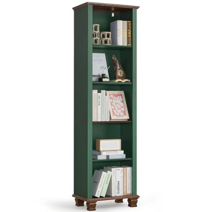 19.7" Wide Narrow Book Shelf, 5-tire Skinny Bookshelf with Adjustable Shelves & Solid Wood Legs, Farmhouse Freestanding Bookcase w/Storage, Tall Wood Book Case for Office,Living Room, Green - color: Green