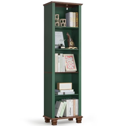 19.7" Wide Narrow Book Shelf, 5-tire Skinny Bookshelf with Adjustable Shelves & Solid Wood Legs, Farmhouse Freestanding Bookcase w/Storage, Tall Wood Book Case for Office,Living Room, Green - color: Green