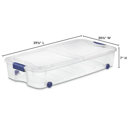 The 66 Quart Clear Underbed Storage Container with Latch Lid and Wheels, Blue