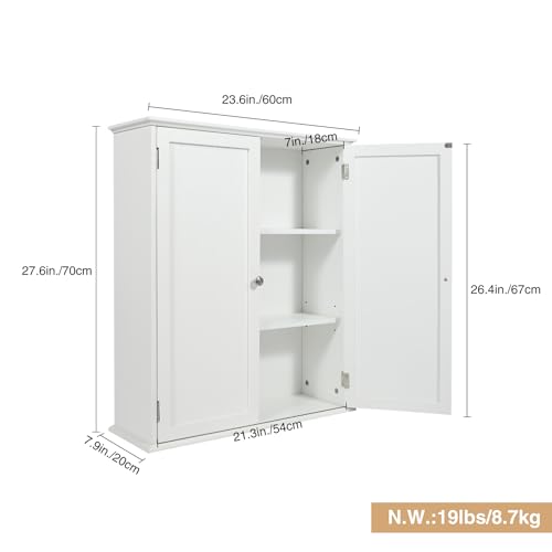 Wall Mount Bathroom Storage Cabinet, Large White Bathroom Cabinet with Doors and Adjustable Shelves, Wall Cabinet for Bathroom Above Toilet, Medicine Cabinet Wall Mounted, Wood