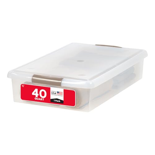 IRIS USA 40 Qt. Under Bed Storage Bin with Lids, Gray/Clear | Stores clothing, shoes, bedding, and seasonal items with secure protection under beds - style: 40 Qt. - Single