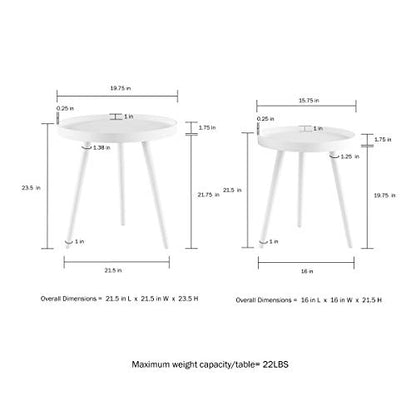 Nesting Side Tables - Set of 2 Round End Tables for Living Room, Bedroom, or Home Office - Accent Table Set with Tray Tops - Mid-Century Modern Living Room Furniture by Lavish Home (White)