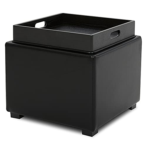 CHITA Storage Ottoman Cube with Tray Lid, Small Footstool with Storage, Square End Table for Living Room and Bedroom, Faux Leather in Black - color: Black