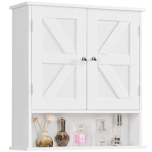 Bathroom Wall Cabinet, Bathroom Cabinet with Barn Doors & Adjustable Shelf, Over The Toilet Storage Cabinet, Medicine Cabinet, White UNGGX001WV1 - color: White, size: 5.1"D x 21.6"W x 23.6"H