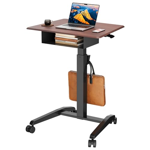 JOY worker 28" Pneumatic Mobile Laptop Desk with Storage Shelf, Dark Walnut | Rolling Standing Desk Height Adjustable with Storage Drawer, 4 Casters, Portable Workstation, Home Office School, Holds 22lbs - color: Dark Walnut, size: 27.5 Inch
