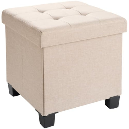 Ornavo Home 15" Square Folding Storage Ottoman Cube with Legs, Beige | Small Linen Storage Ottoman; Fits Compact Spaces; Ideal for Bedroom or Living Room