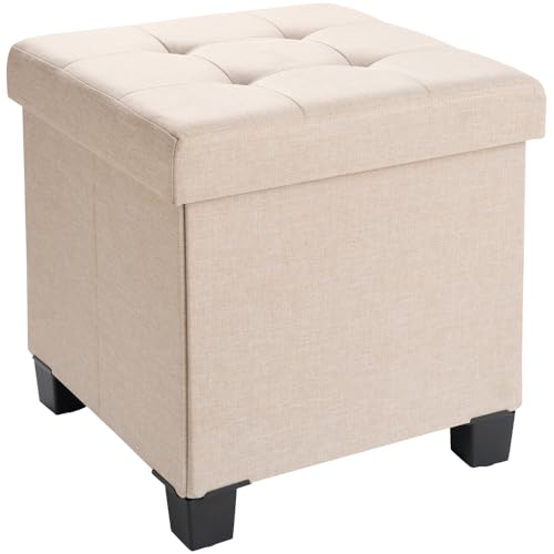 Ornavo Home 15" Square Folding Storage Ottoman Cube with Legs, Beige | Small Linen Storage Ottoman; Fits Compact Spaces; Ideal for Bedroom or Living Room