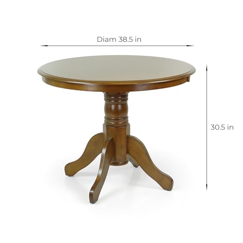 Round Solid Wood Dining Table 38.5'' D with Pedestal Base, Kitchen Round Table for 2 and 4 Persons, Restaurant Table, Medium Brown Color - color: Medium Brown