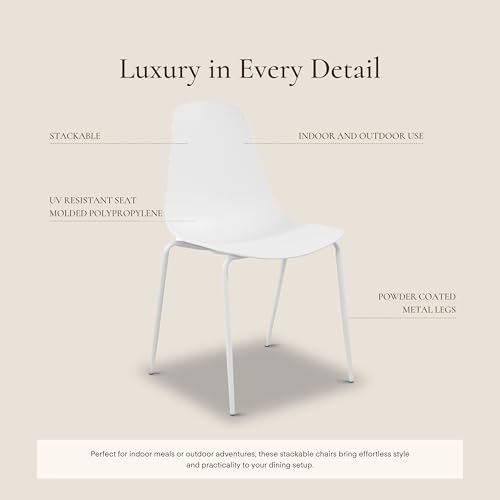 Poly & BARK Isla Stackable Dining Chairs Set of 4 – Mid Century Modern Plastic Dining Chair with Metal Legs – Kitchen & Dining Room Chairs – Dining Table Chairs Set – Indoor/Outdoor – White - color: White, style: Isla Stackable Set of 4