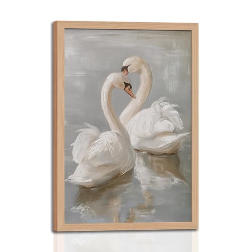 Framed Vintage Swan Wall Art Prints Decor Classical Canvas Oil Painting Poster Pastel Watercolor Swan Art Pictures Farmhouse Preparing to hang for living room Bedroom Bathroom Office 16x24in - color: Classical Swan, size: 16x24 Inches