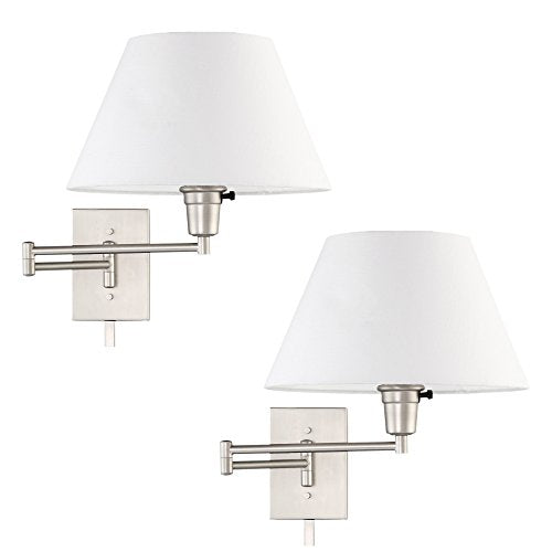 Kira Home Cambridge 15" Modern Swing Arm Wall Sconce + 3-Way Switch, 2-Pack | White Empire Fabric Shade, 2-in-1 Plug In or Hardwired Bedroom Wall Lamp, Satin Nickel Finish - color: Brushed Nickel,White Shade,2-Pack