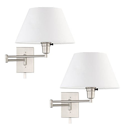 Kira Home Cambridge 15" Modern Swing Arm Wall Sconce + 3-Way Switch, 2-Pack | White Empire Fabric Shade, 2-in-1 Plug In or Hardwired Bedroom Wall Lamp, Satin Nickel Finish - color: Brushed Nickel,White Shade,2-Pack