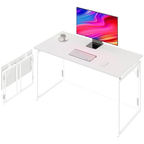 39.4" Folding Desk: No Assembly, Wood Top for Small Spaces | 39.4 in dual-monitor workspace, holds 150 lbs, folds flat to 2.3 in, splash-proof top, home office or gaming - color: White, size: 39.4"W x 19.7"D