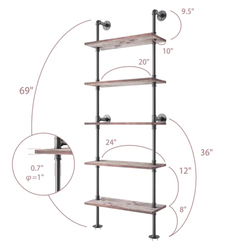 Yuanshikj 5 Tier with 24" Solid Wood Planks, Industrial Pipe Ladder Shelf | Metal Iron Rustic Wall Mounted for Living Room,Office, Decor Storage,Bookshelf - size: 5 Tier With 24" Solid Wood