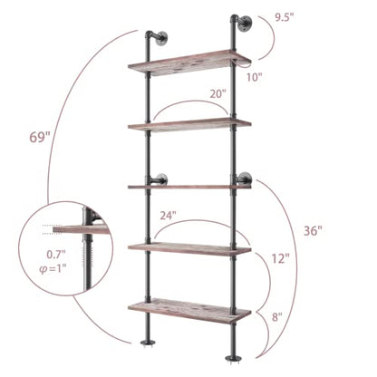 Yuanshikj 5 Tier with 24" Solid Wood Planks, Industrial Pipe Ladder Shelf | Metal Iron Rustic Wall Mounted for Living Room,Office, Decor Storage,Bookshelf - size: 5 Tier With 24" Solid Wood