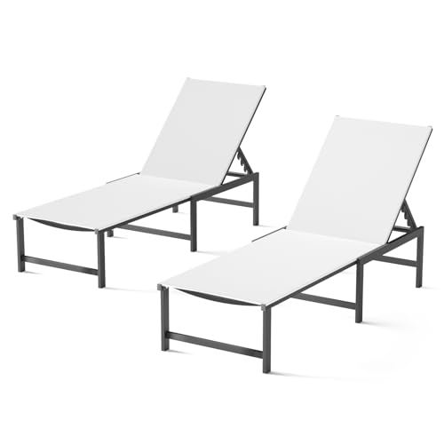 Aluminum Outdoor Chaise Lounge, 5-Position Textilene Chair, White | Rust-proof aluminum frame; UV quick-dry Textilene mesh; 5-position recliner; supports 400 lbs, built-in armrests - color: White, size: 2 Chairs
