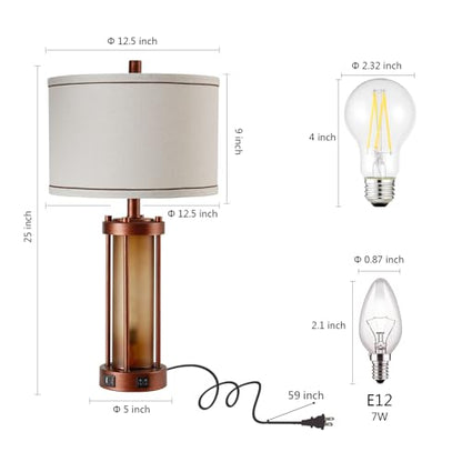 RORIA Set of 2 Farmhouse Table Lamps for Living Room with 2 USB Ports | Rustic Bedside Lamps, Bedroom Nightstand Lamp with Amber Frosted Glass Nightlight, Entryway, Office, 4 Bulbs Includes - color: Red Bronze