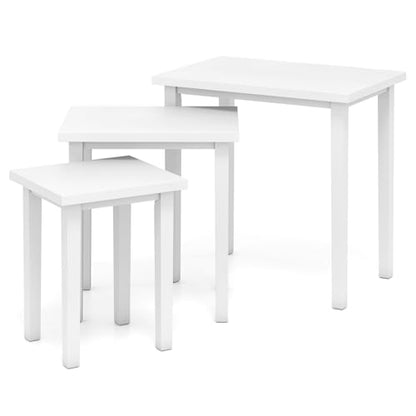 Giantex Nesting Tables Set of 3, Farmhouse Stacking Side Table with Rubber Legs, Wooden Rectangle Accent End Table, Nesting Coffee Tables for Living Room Bedroom (White) - color: White