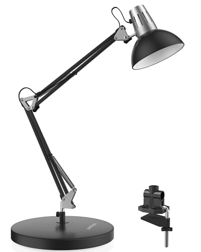 LEPOWER Metal Adjustable Desk Lamp with Clamp, Swing Arm for Home Office | Gooseneck, Architect Style, Eye-Caring Table Lamp, On/Off Switch, E26 Base, Reading for Dorm, Bedroom, Study, Back to School - color: Black