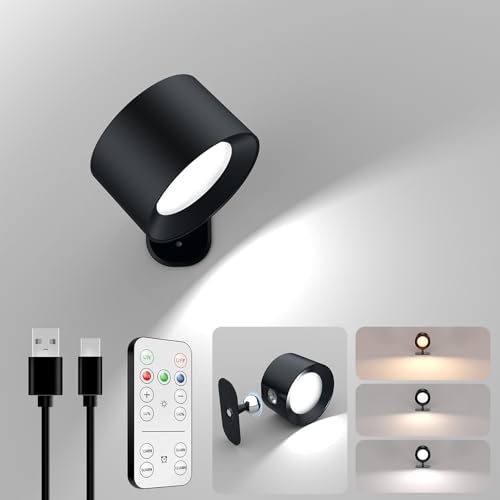 LED Wall Mounted Lights, Rechargeable Battery Operated Wall Sconces Lamp 3 Colors Temps & Remote and Touch, 360°Rotation Dimmable Wall Lights for Study Bedroom Reading Bedside (1 Pack) - style: 1 Pack