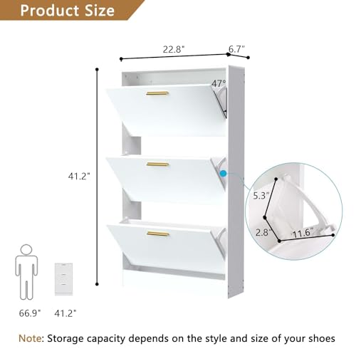 Shoe Cabinet Storage with 3 Flip Drawers and Closed Base, White, 2PCS丨Hidden Shoe Organizer, Freestanding Narrow Shoe Storage Rack for Entryway, Hallway, Entrance - color: 2pc-white, size: 3 Flip Drawers Without Shelf