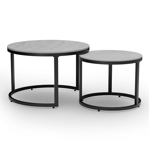 Nesting Coffee Table Set of 2, Round Stacking Coffee Tables with Nesting Coffee Table Set of 2, Round Stacking Coffee Tables with Resin Top & Metal Frame - color: Media Size + Black Frame