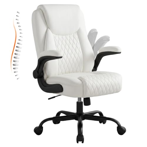 GTPLAYER PU Leather Office Chair, Home Desk Chair with Flip-up Arms, White | Ergonomic Back, Comfy Executive Chair for Home Office Gaming, Flexible Rocking, Heavy Duty Chairs - color: White