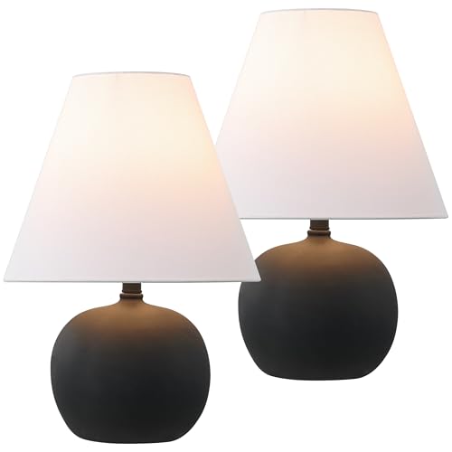 JONATHAN Y Asher 18.25" Gourd LED Table Lamp, Matte Black, Set of 2 | Scandinavian Minimalist Style, White Linen Shade, Resin Metal Base, Bedside Nightstand, Rotary Switch, LED Bulbs Included - color: Matte Black