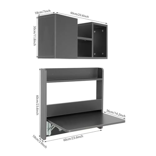 Wall Mounted Folding Desk, Solid Wood Floating Laptop Desk with Wall Mounted Bookshelf for Living Room Coffee Shop Apartments, 88lbs Table Load-Bearing (Grey) - color: Grey