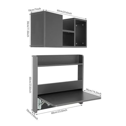 Wall Mounted Folding Desk, Solid Wood Floating Laptop Desk with Wall Mounted Bookshelf for Living Room Coffee Shop Apartments, 88lbs Table Load-Bearing (Grey) - color: Grey