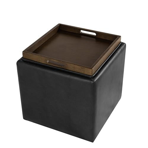 HomePop 17.5" Storage Ottoman with Tray Top - Black Faux Leather - color: Black Faux Leather